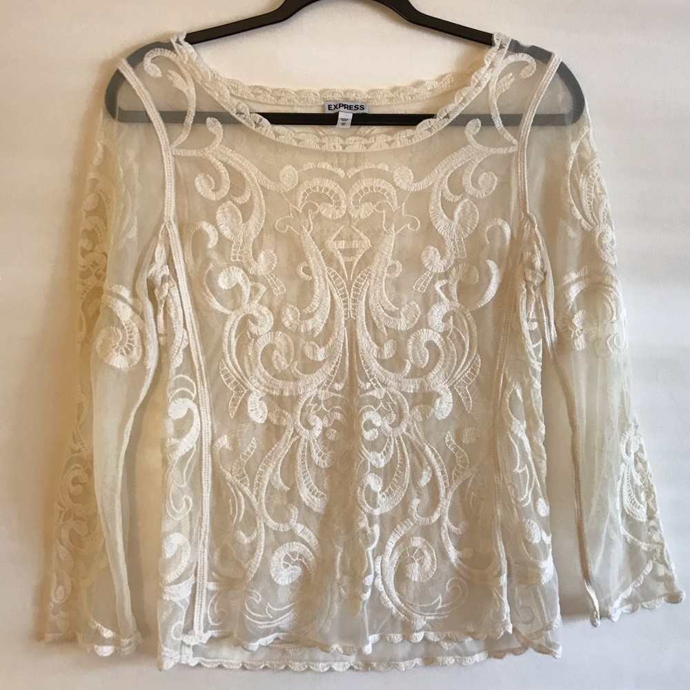 Express Off-White Long Sleeve Lace Top